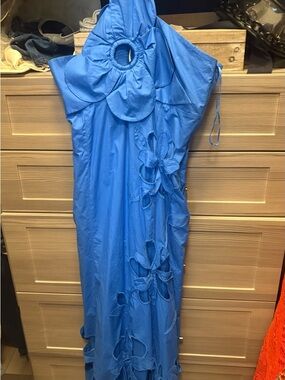 Anthropologie Cobalt One-Shoulder Floral Appliqué Maxi Dress